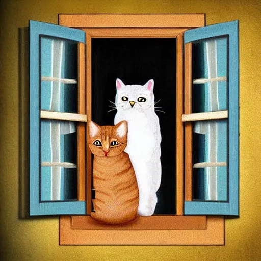 Prompt: cat on window, inside house in village, calm, warm, cozy, digital art, sweet home