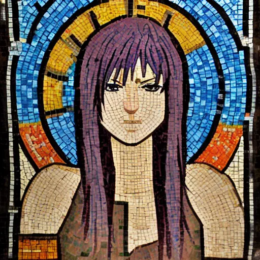 Image similar to ancient Roman tile mosaic depicting cyberpunk anime girl