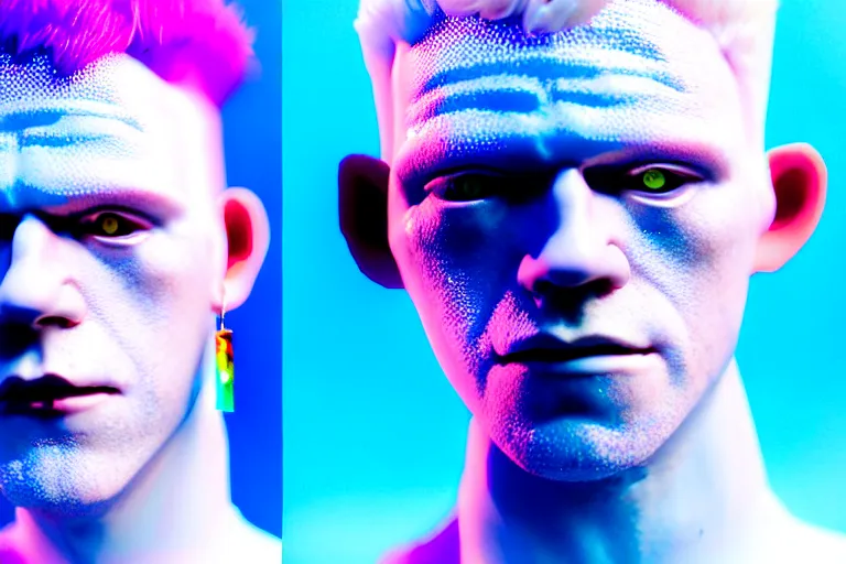 Image similar to a close - up risograph of cyberpunk albinism model men wearing lots of transparent and cellophane accessories, huge earrings and queer make up, blue hour, twilight, cool, portrait, crispy, full - shot, blue sky, kodachrome, photo by mayumi hosokura, style by moebius