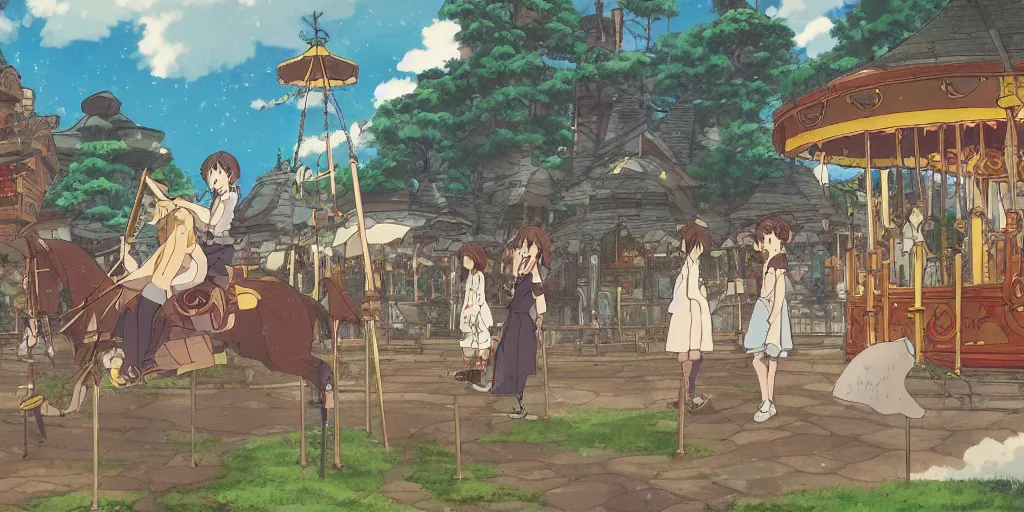 Image similar to a fantasy carousel in the style of studio ghibli, makoto shinkai