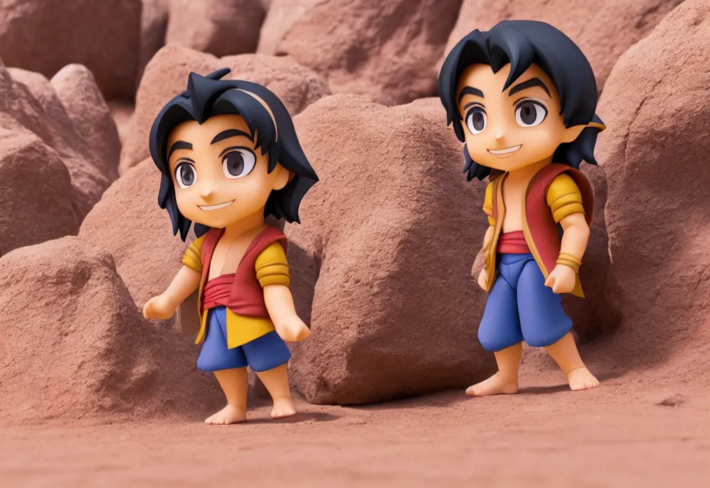 Image similar to side view of young aladdin of disney movie as nendoroid running in desert village, 8 k hd dof, kodak film,