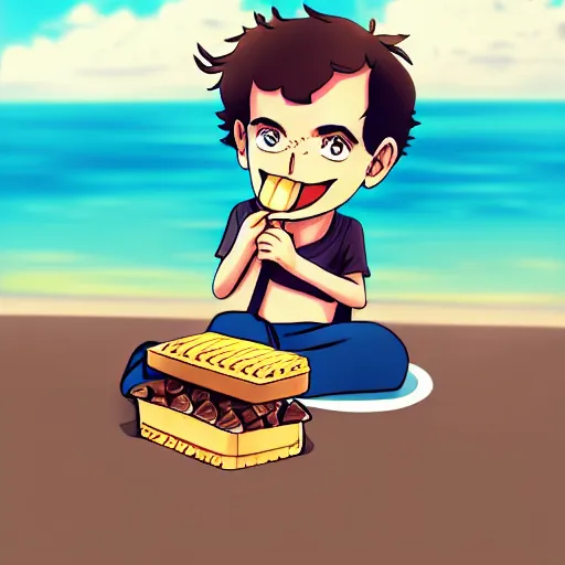 Image similar to andy murray eating chocolate on the beach, sunshine, illustration, manga, anime, trending on artstation