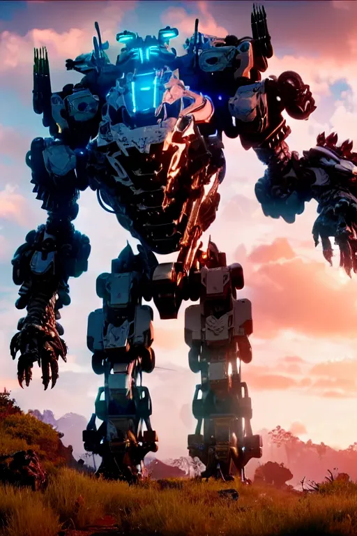 Image similar to a cinematic still from horizon zero dawn and pacific rim and westworld, full body mech, armored core, intact humanoid servo, octane render, nvidia raytracing demo, masterpiece, aged armor plating, decipticon armor plating, aggressive head, endoekeleton exposure
