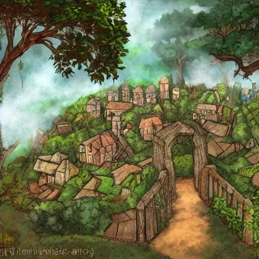 Image similar to medieval village in the middle of lush forest, by ghibli