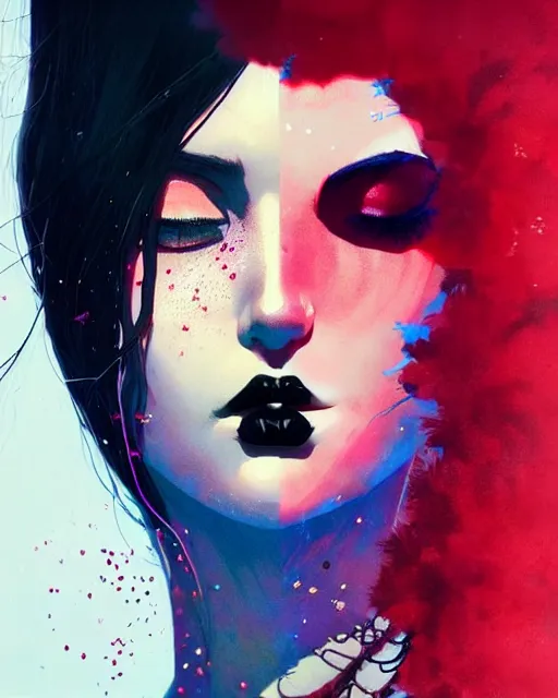 Prompt: close up, captivating, memorable, a ultradetailed beautiful photo of a unique woman wearing a hippy goth outfit standing too too too close, side view, bloom lighting staring at you by conrad roset, greg rutkowski and makoto shinkai trending on artstation