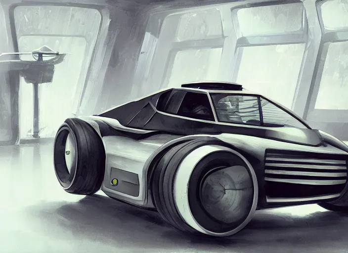 Image similar to an automobile in a studio, futuristic, art style by pablo carpio, car design by vergil exner, big engine and big wheels. full view, blank background.