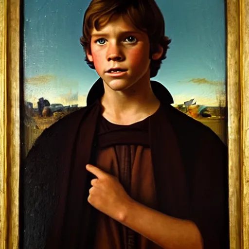 Image similar to a portrait painting of young luke from star wars in a renaissance style hanging in the louvre