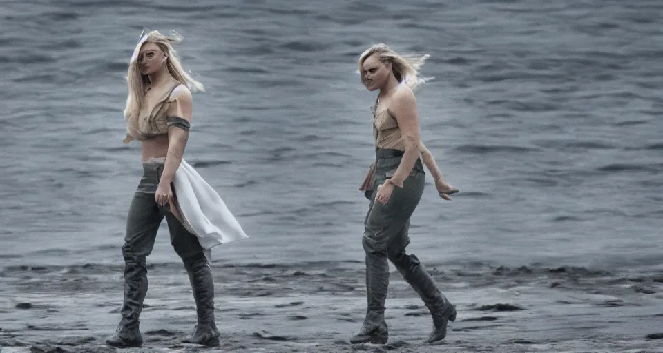 Image similar to cinematic shot of margot robbie in military gear walking out of the ocean, cinematic diffuse lighting, cloudy weather