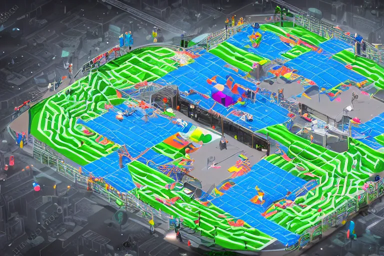 Prompt: isometric view of a futuristic high - tech sky arena inspired by modern skate parks and modern chinese playgrounds in the style of mario 3 d world, day