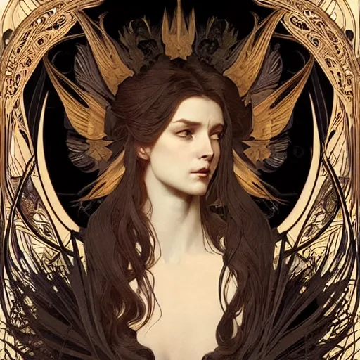 Prompt: A portrait of A beautiful!!!! angel in black flames by Ross Tran!! and alphonse mucha and greg rutkowski! and gustav doré!!,In style of digital art illustration.Symmetry.Highly detailed face.Fantasy,smooth,hyper detailed,sharp focus,Soft light.trending on artstation.4k