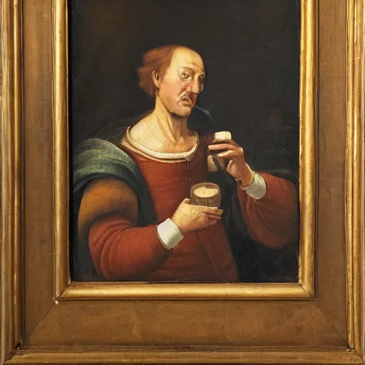 Image similar to A renaissance oil painting of a man drinking milk