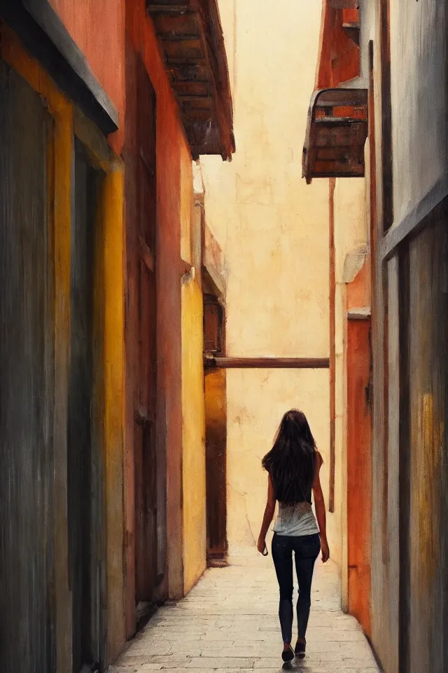 Prompt: a portrait of a beautiful girl walking down an alleyway, market setting, warm colors, soft lighting, atmospheric, cinematic, moody, in the style of diego koi, gina heyer, luiz escanuela, art by alyssa monk, hyperrealism, rule of thirds, oil on canvas, 8 k