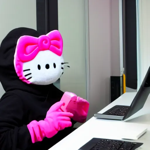 Image similar to Stock photo of a human burglar wearing a ski mask hacking into a pink Hello Kitty computer, funny, bizzare