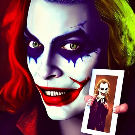 Image similar to the joker holding a printed photo of Margot Robbie, digital painting, amazing detail, artstation, cgsociety