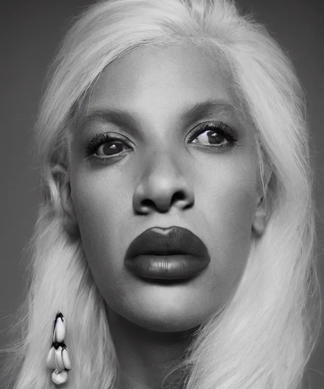 Image similar to a color photograph of a non binary model, platinum blonde, by carrie mae weems, intense, bold, hyperrealistic, ultra sharp, extra details, ultra high quality, trending on pinteresst