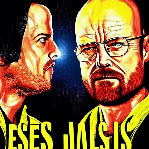 Image similar to jesse pinkman and walter white on a pulp fiction poster, cinimatic poster, high detail, saturated