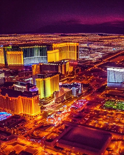 Image similar to las vegas at night on fire, shot from drone, grainy, polaroid, zoomed in