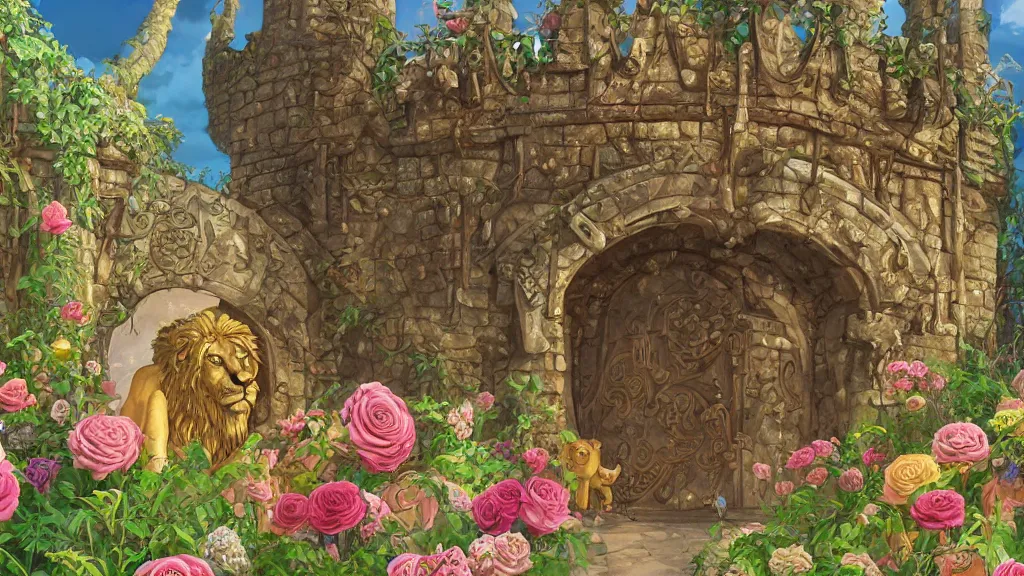 Image similar to A giant medieval fantasy gate with an gold carved lion face at the center, vines, thorns, roses, flowers, vivid vegetation, pastel color tones, clear clean, Ilya kushinov, by Makoto Shinkai, Studio Ghibli, Miyazaki, Kyoto Animation, digital 2D, painterly style, gouache illustration, high contrast, cute, kawaii, golden ratio, rule of thirds