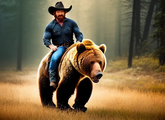 Image similar to portrait photo of chuck norris riding his grizzly bear to work at dawn. fantasy magic style. highly detailed 8 k. intricate. lifelike. soft light. sony a 7 r iv 5 5 mm. cinematic post - processing.