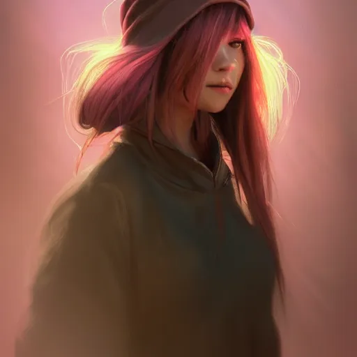 Prompt: a photorealistic dramatic fantasy render of a pink coloured haired young girl with a black wool modern hoody hat on her head by wlop, artgerm, greg rutkowski, alphonse mucha, beautiful dynamic dramatic dark moody lighting, shadows, cinematic atmosphere, artstation, concept design art, octane render, 8 k