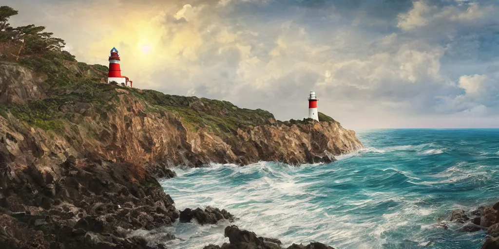 Prompt: coastal ocean setting rocky cliffs, foaming waves, brightly colored houses built on the cliff outcrops, a lighthouse marks the edge of the rocky point, highly detailed matte painting