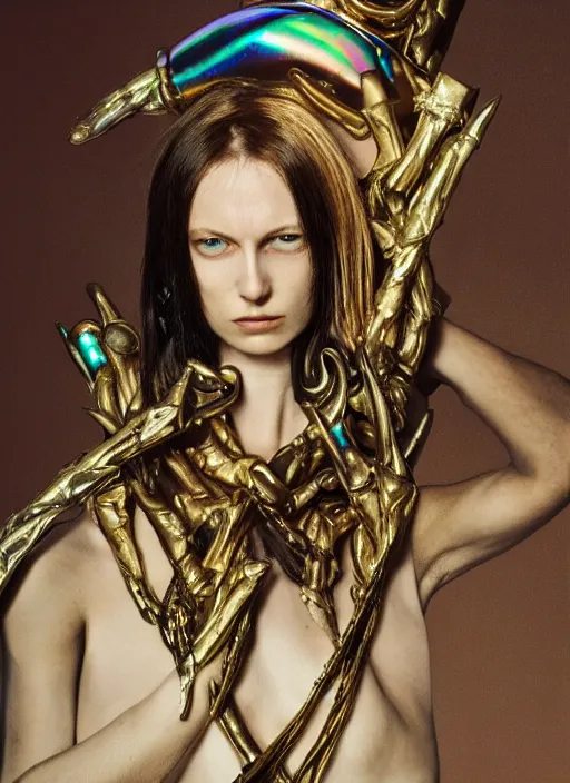 Image similar to a woman with iridescent skin, pirate weapons, by van herpen, iris