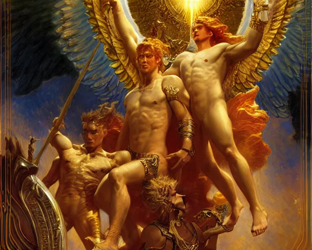 Image similar to gallant male deity, casting angelic magic, summoning regal lucifer morning star, as they negotiate over the earthly realm, highly detailed painting by gaston bussiere, craig mullins, j. c. leyendecker, tom of finland