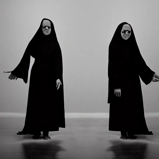 Image similar to nightmare vision, black and white, award winning photo, levitating twin nuns, wearing translucent sheet, Mary in a sanctuary, mirror hallways, eerie, frightening, holding hands, smiling —width 1024 —height 1024