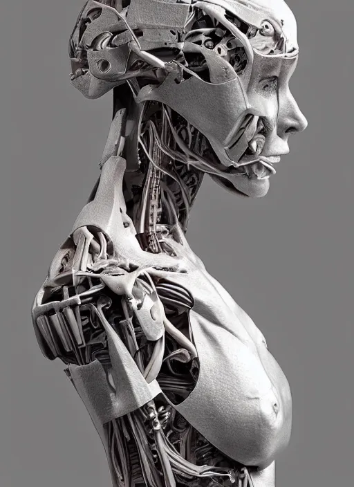 Prompt: a bust sculpture of anatomical female detailed cyborg, become human, ceramic base, orthographic, studio lighting