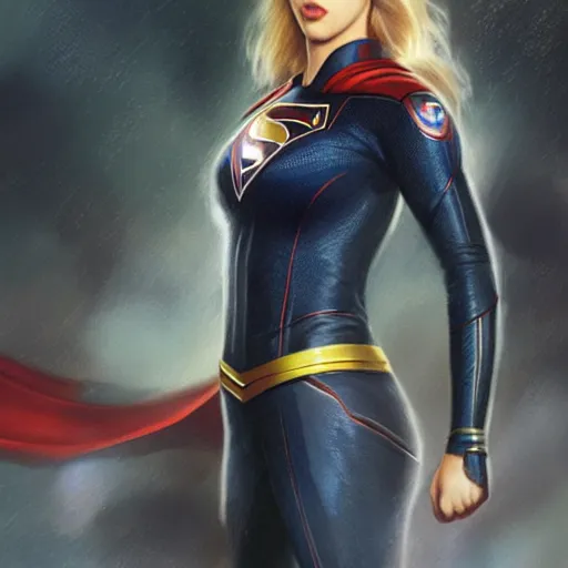 Prompt: scarlett johansson as supergirl, black uniform, by greg rutkowski
