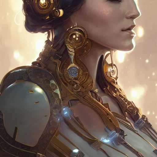 Image similar to portrait of The Cyborg Queen, fantasy, intricate, elegant, highly detailed, digital painting, artstation, concept art, smooth, sharp focus, illustration, art by artgerm and greg rutkowski and alphonse mucha