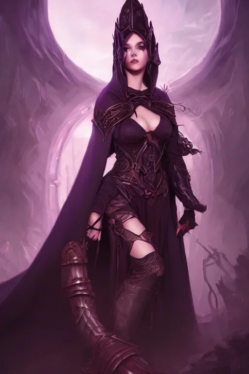 Prompt: Fantasy portrait, Necromancer, female, beautiful face, dark garments, dark pruple robes, midriff, Black cloak from neck to ankles, pin-up, matte painting, by Genzoman, artstation