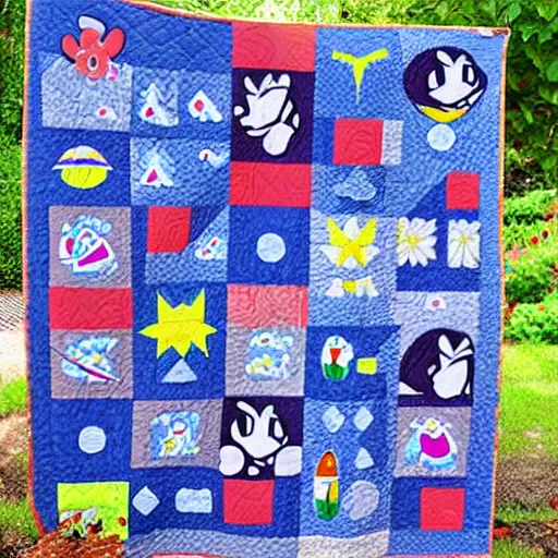 Prompt: a quilt with kirby and moomin as the pattern, realistic, product image