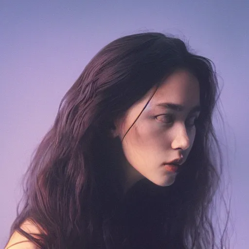 Image similar to Portrait photo of a woman under water, long dark hair, flowing hair, posed in profile, studio lighting, highly detailed, art by artgerm, cinestill 800t