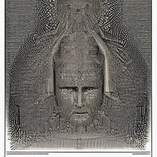 Image similar to A realistic portrait of a deity-of-language by Gustave Dore in ASCII art style