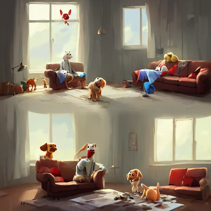 Prompt: Goro Fujita illustrating empty house, there is only a sofa and a dog on top of the sofa the dog looking at the window, art by Goro Fujita, sharp focus, highly detailed, ArtStation