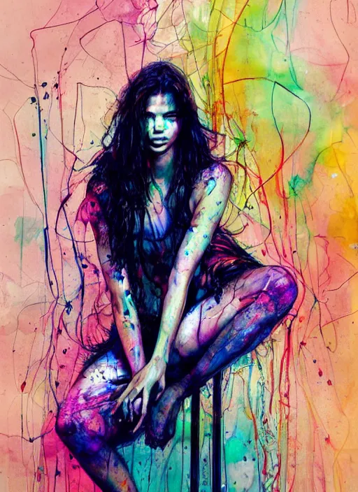 Image similar to adriana lima by agnes cecile and enki bilal, sitting on a stool, bent over posture, full body portrait, extremely luminous bright design, pastel colours, drips, autumn lights