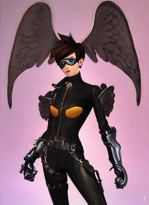 Image similar to full body artwork of tracer overwatch, wearing leather outfit, in style of zdzisław beksinski, angel wings, dramatic painting, wearing detailed steel collar, black shiny armor, chains, black harness, detailed face and eyes,