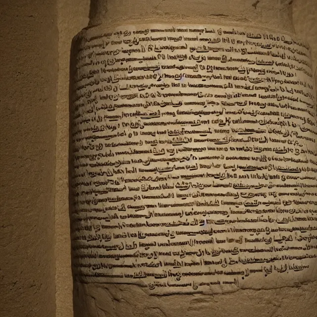 Prompt: a photo of a museum display showing a cylindrical clay holding a dead sea scroll with nabeatean writing, dark, brooding, atmospheric, volume lighting