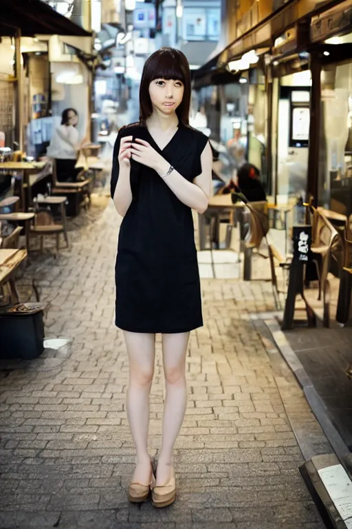 Prompt: her name is shimizu, age is 2 3, pretty japanese girl, brown hair, revealing black top, at cafe, lives in fukuoka, 8 k, photography, photography lighting