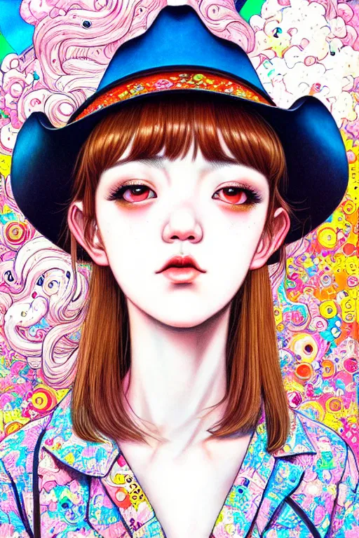 Prompt: girl wearing cowboy hat, style of yoshii chie and hikari shimoda and martine johanna, highly detailed