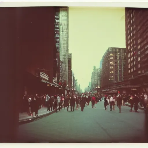 Prompt: wide - shot low angle of people in the busy street, polaroid photo, by andy warhol