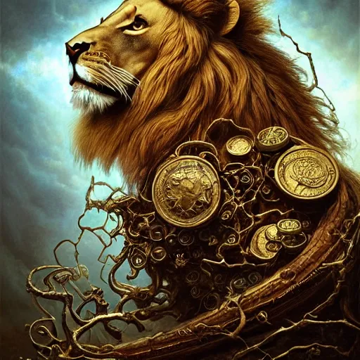 Image similar to a beautiful detailed 3 d matte portrait of a alchemist lion, by ellen jewett, by tomasz alen kopera, by justin gerard, ominous, magical realism, texture, intricate, skull, skeleton, gold coins, money, whirling smoke, alchemist bottles, radiant colors, fantasy, volumetric lighting, high details