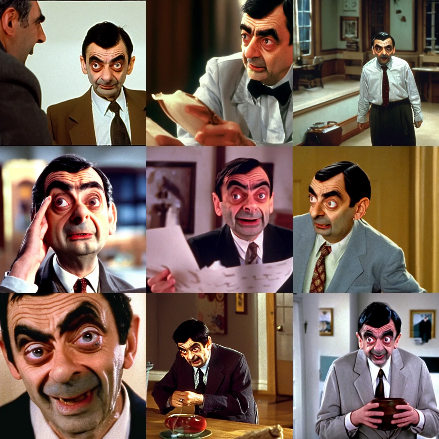 Prompt: A film still of Mr. Bean in the film Misery (1990)