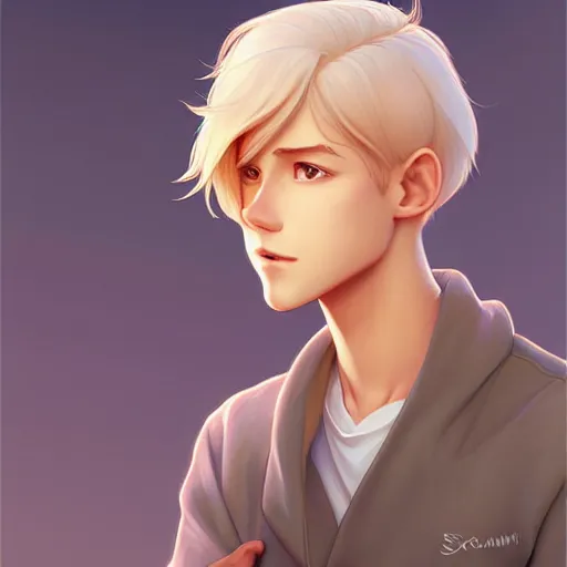 Prompt: young man with short, ash blond greyish hair, path traced, highly detailed, high quality, digital painting, by don bluth and ross tran and studio ghibli and alphonse mucha, artgerm, sylvain sarrailh