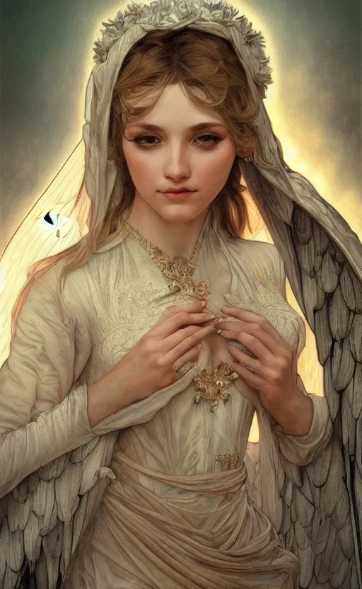 Image similar to a photograpic portrait of a pretty woman, angel, fantasy, intricate, elegant, highly detailed, digital painting, artstation, centered, concept art, smooth, sharp focus, illustration, art by artgerm and h r giger and alphonse mucha