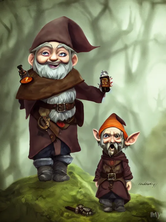 Prompt: tiny evil alchemist gnome, brown tuffle coat, evil smile, flasks in hands, dnd, deforested forest background, grimdark, imperfections, matte painting, by midjourney
