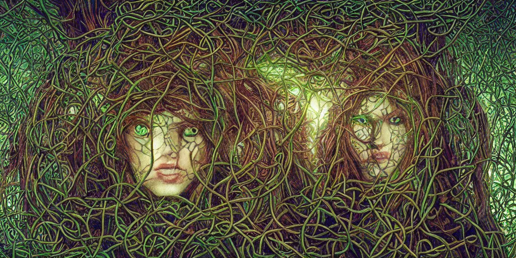 Image similar to a beautiful face with glowing eyes behind a network of extremely thick vines intertwined in the shape of a Celtic knot, central composition, high saturation, epic lighting, in the style of Peter gric and Hannah yata 8k