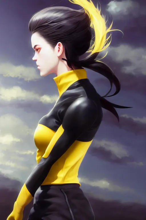 Prompt: black ponytail hair, pale woman in a black zipper jacket, yellow eyes, by artgerm, hair tied in a ponytail, black backdrop, masterpiece, beautiful render, matte painting, realistic, fighting pose, dynamic angle, by greg rutkowski makoto shinkai takashi takeuchi