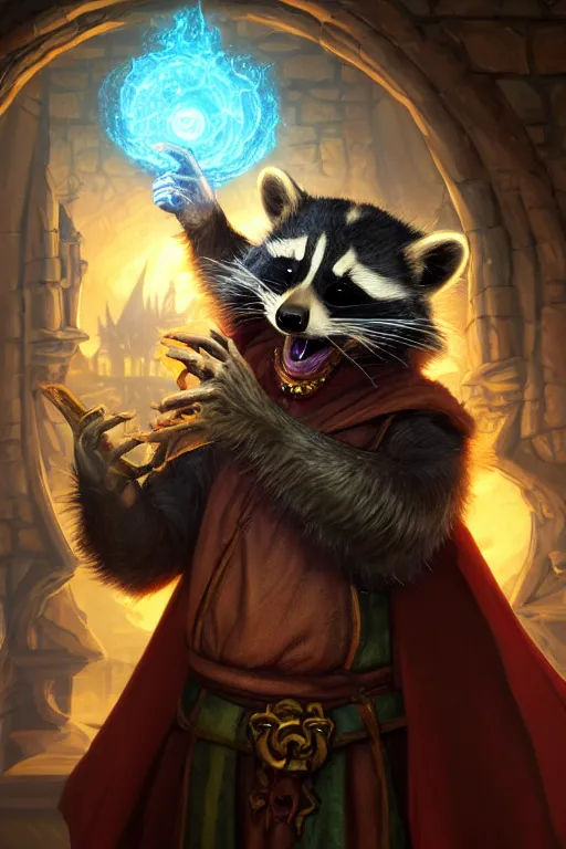 Image similar to closeup 3 5 mm anthropomorphic sorcerer raccoon casting a spell in a castle, d & d, fantasy, intricate, action pose, particle effects, highly detailed, digital painting, artstation, concept art, matte, sharp focus, volumetric lighting, illustration, hearthstone, art by artgerm, wlop, greg rutkowski and alphonse mucha